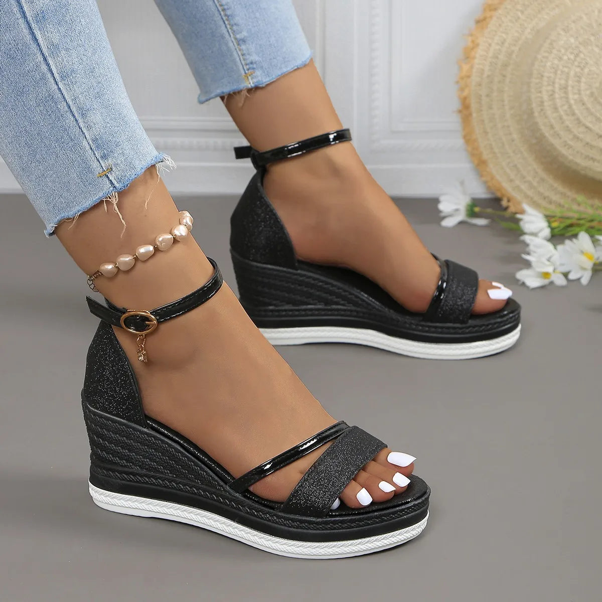 Chloe Women’s Wedge Sandals – Supportive Slip-On Design with Glitter Finish