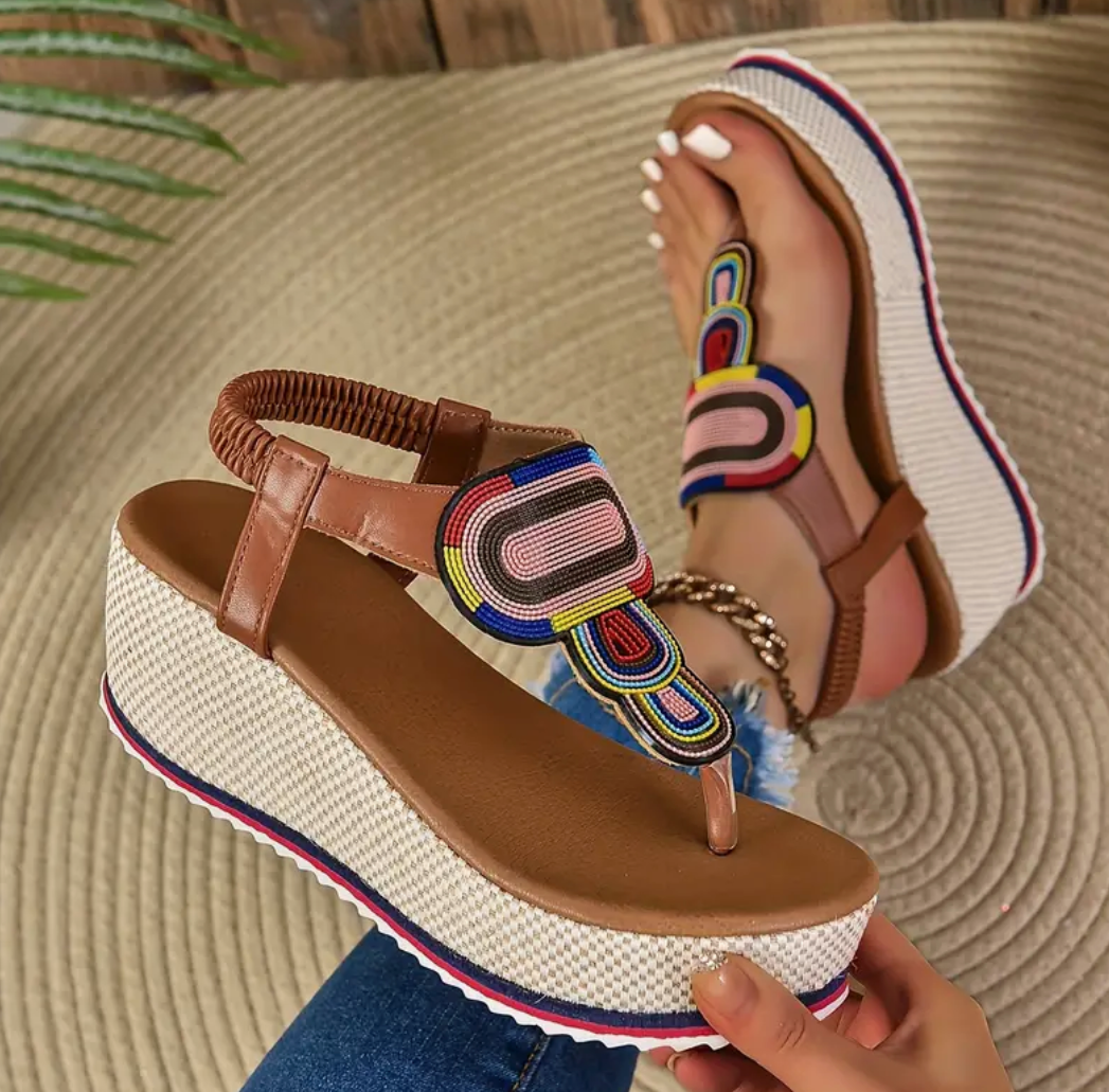 Anya Women’s Orthopaedic Wedge Sandals – Beaded Strap with Cushioned Platform