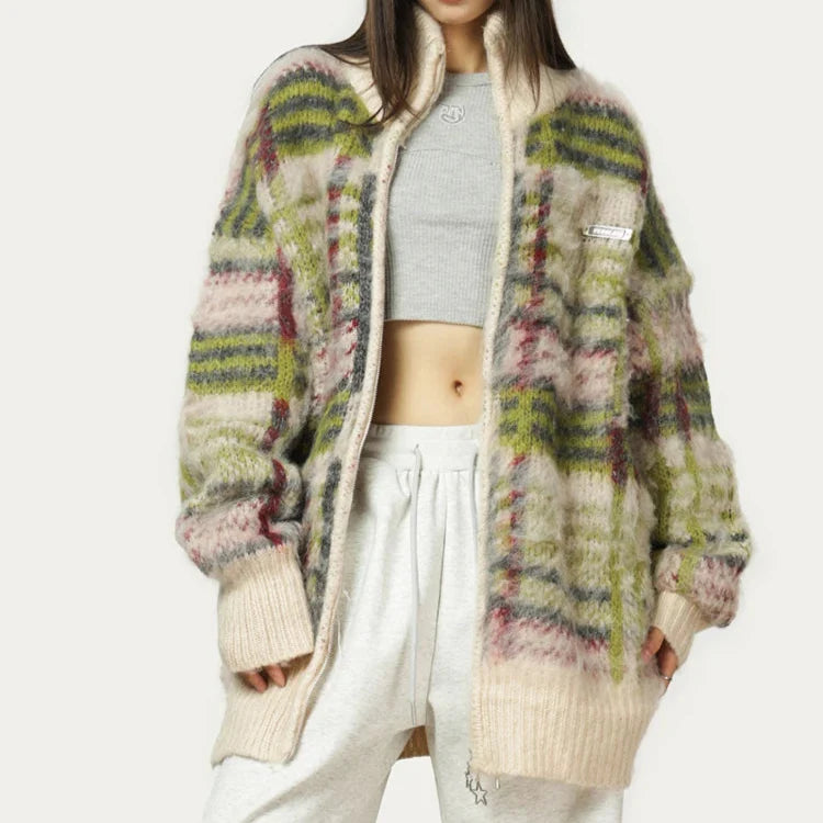 Harper Women’s Knit Sweater – Soft Fluffy Plaid with Relaxed Zip Fit