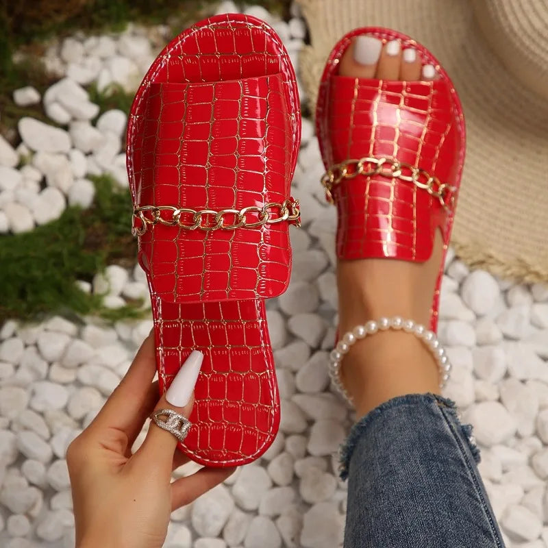 Florence Women’s Slip On Sandals – PU Chain Detail Flats for Summer & Beach Wear