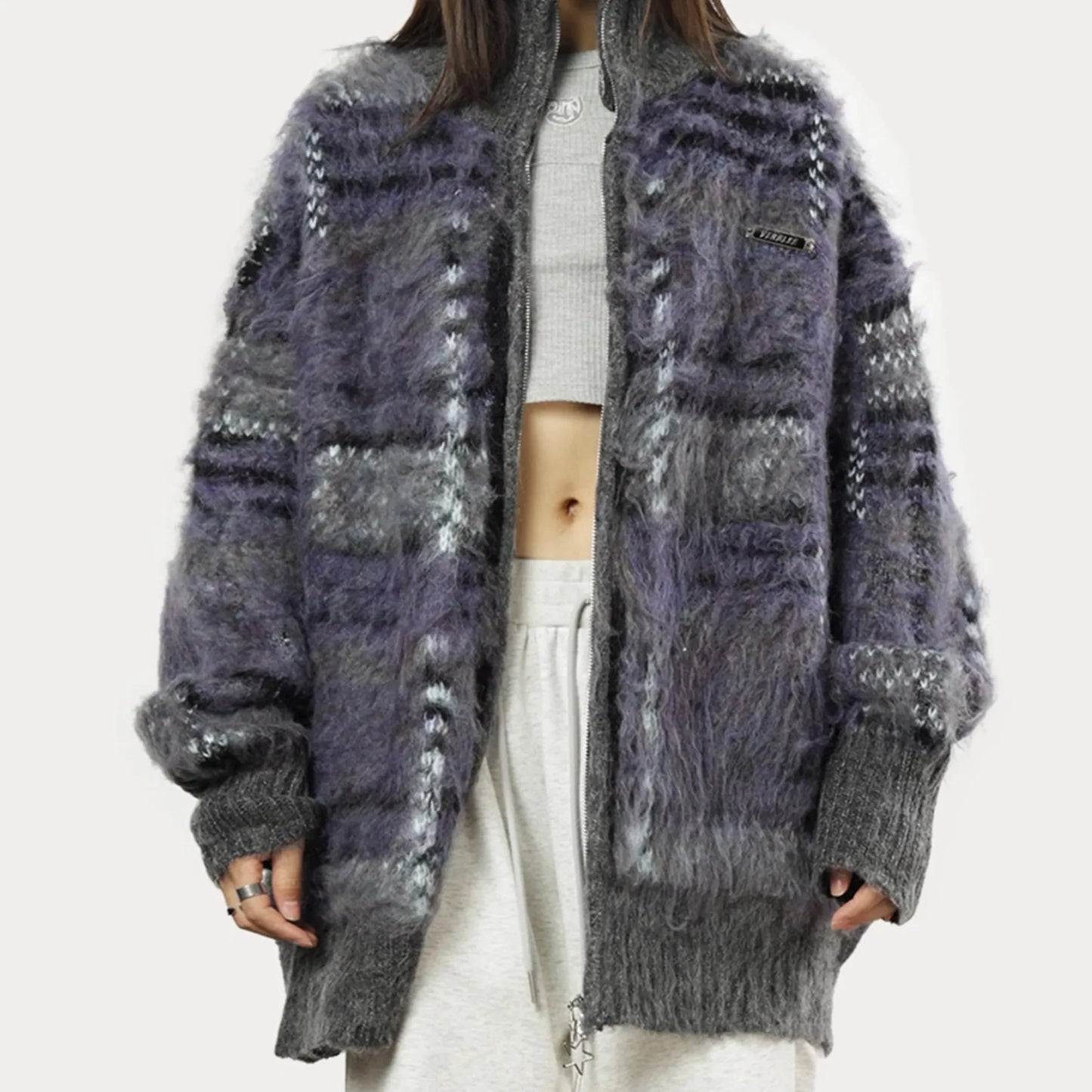 Harper Women’s Knit Sweater – Soft Fluffy Plaid with Relaxed Zip Fit