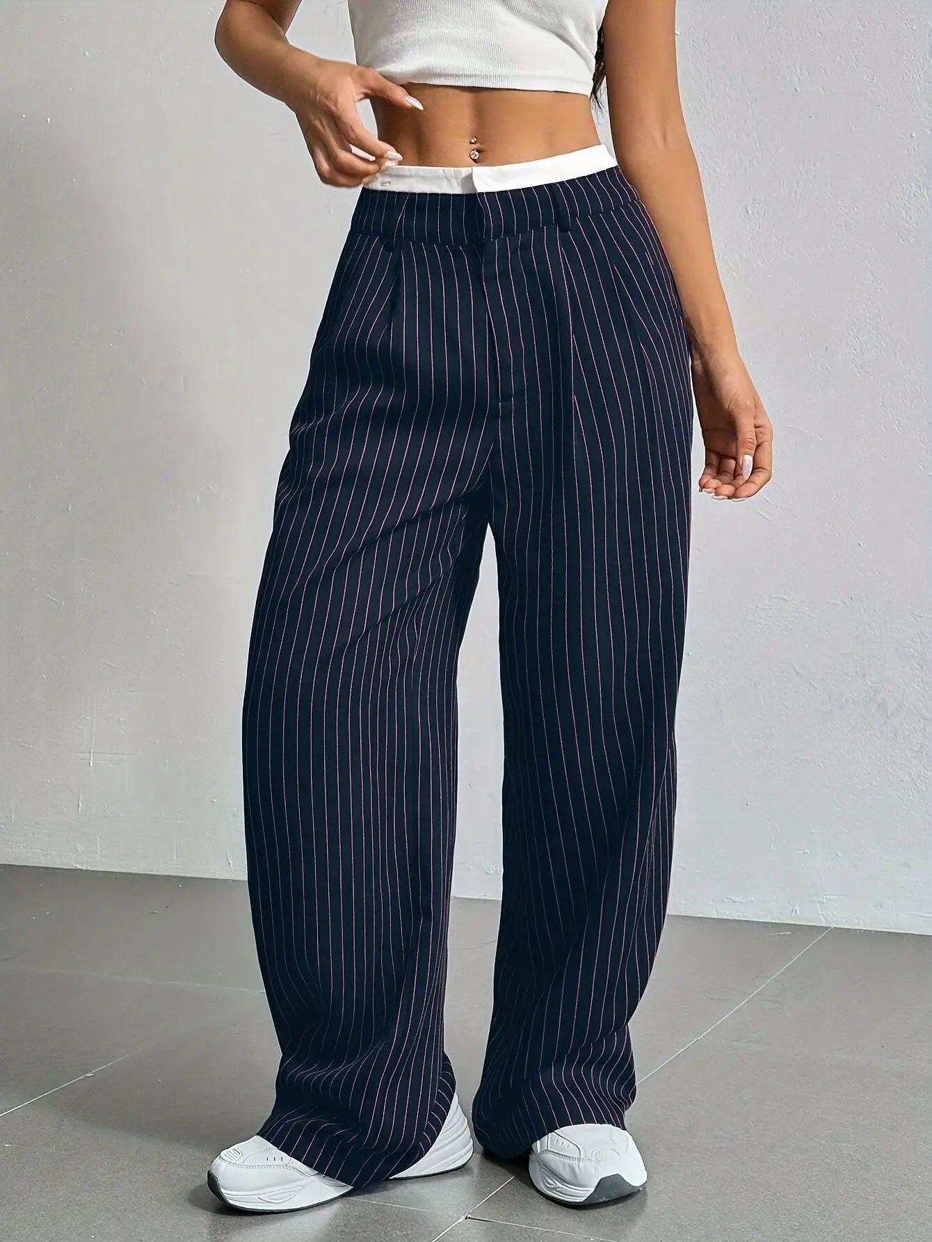Clara Women’s Wide Leg Trousers – Pinstripe High Waist with Pleated Front