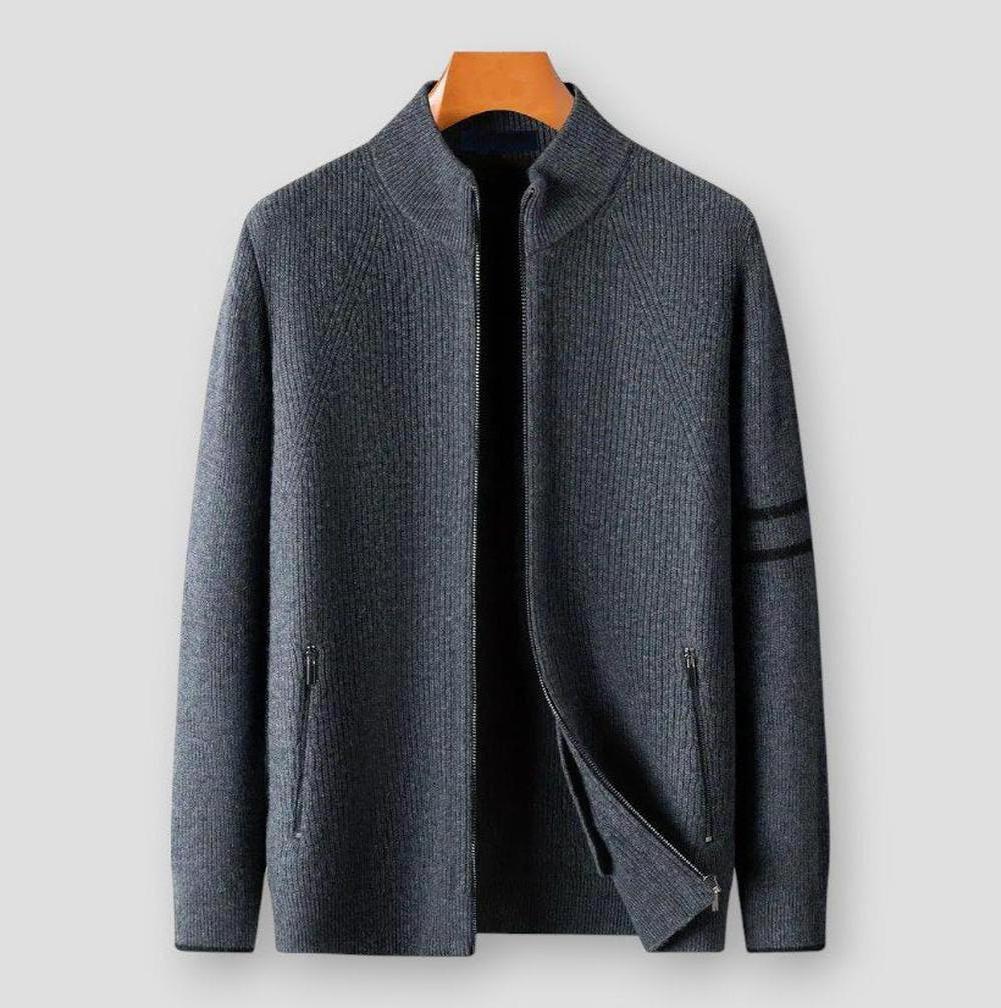 Adrian Full-Zip Men’s Cardigan – Pure Wool with Stand Collar & Stripe Detail