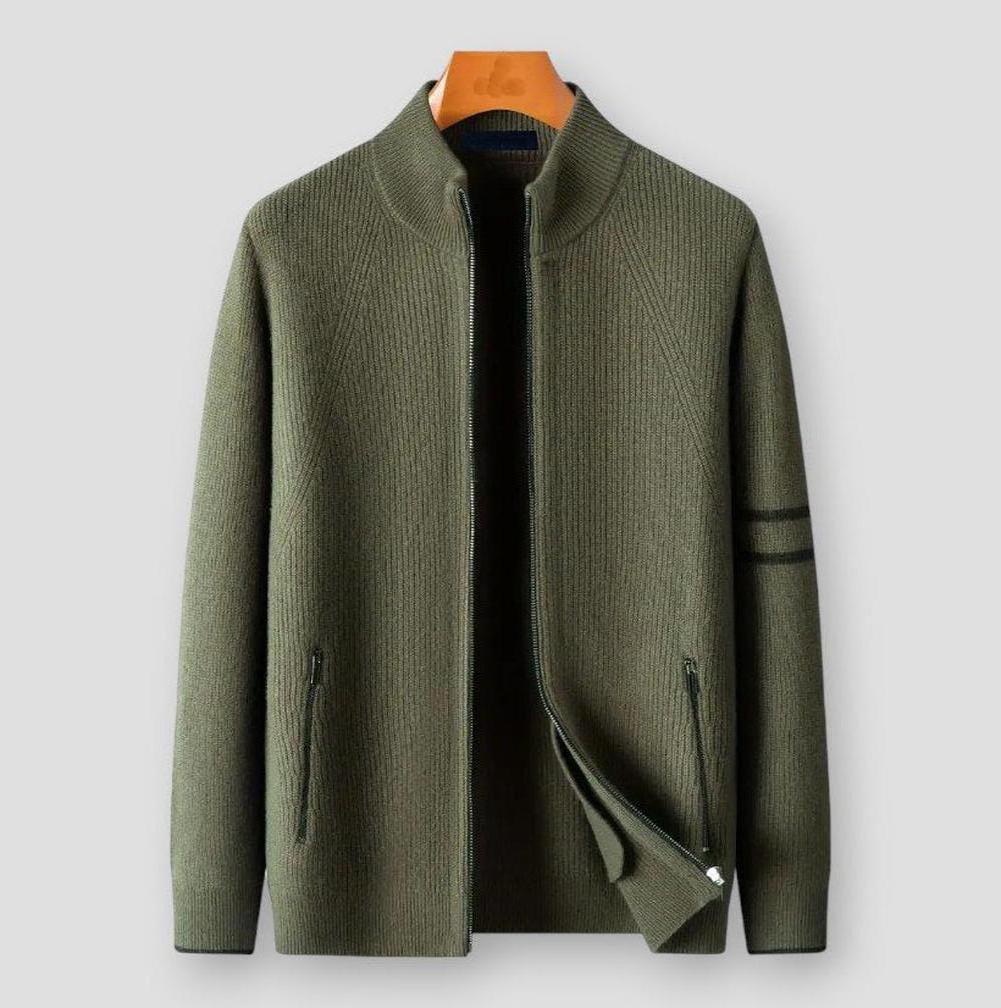 Adrian Full-Zip Men’s Cardigan – Pure Wool with Stand Collar & Stripe Detail