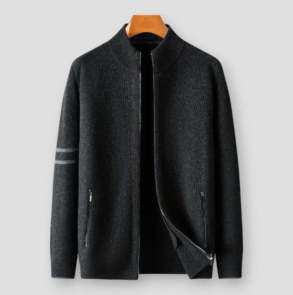 Adrian Full-Zip Men’s Cardigan – Pure Wool with Stand Collar & Stripe Detail