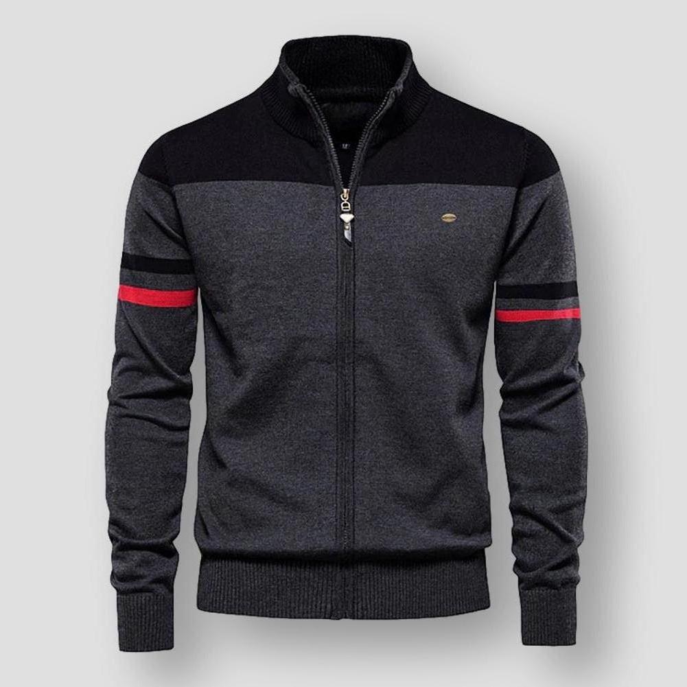 Hendrix Men’s Cotton Zip-Up Cardigan – Soft Knit with Stand Collar & Arm Stripe