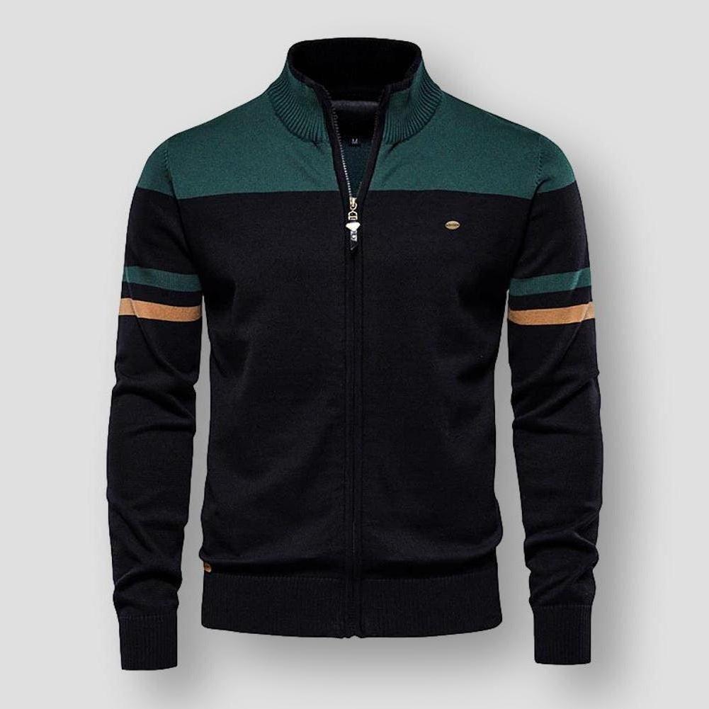 Hendrix Men’s Cotton Zip-Up Cardigan – Soft Knit with Stand Collar & Arm Stripe