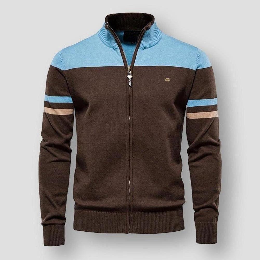 Hendrix Men’s Cotton Zip-Up Cardigan – Soft Knit with Stand Collar & Arm Stripe