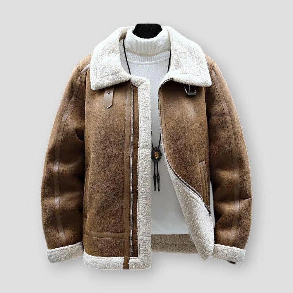 Harrison Men’s Leather Bomber Jacket – Winter Fleece Lined with Faux Fur Collar
