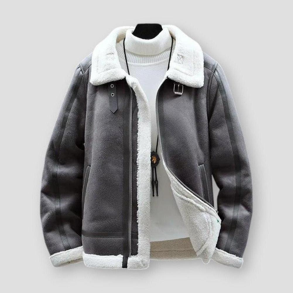 Harrison Men’s Leather Bomber Jacket – Winter Fleece Lined with Faux Fur Collar