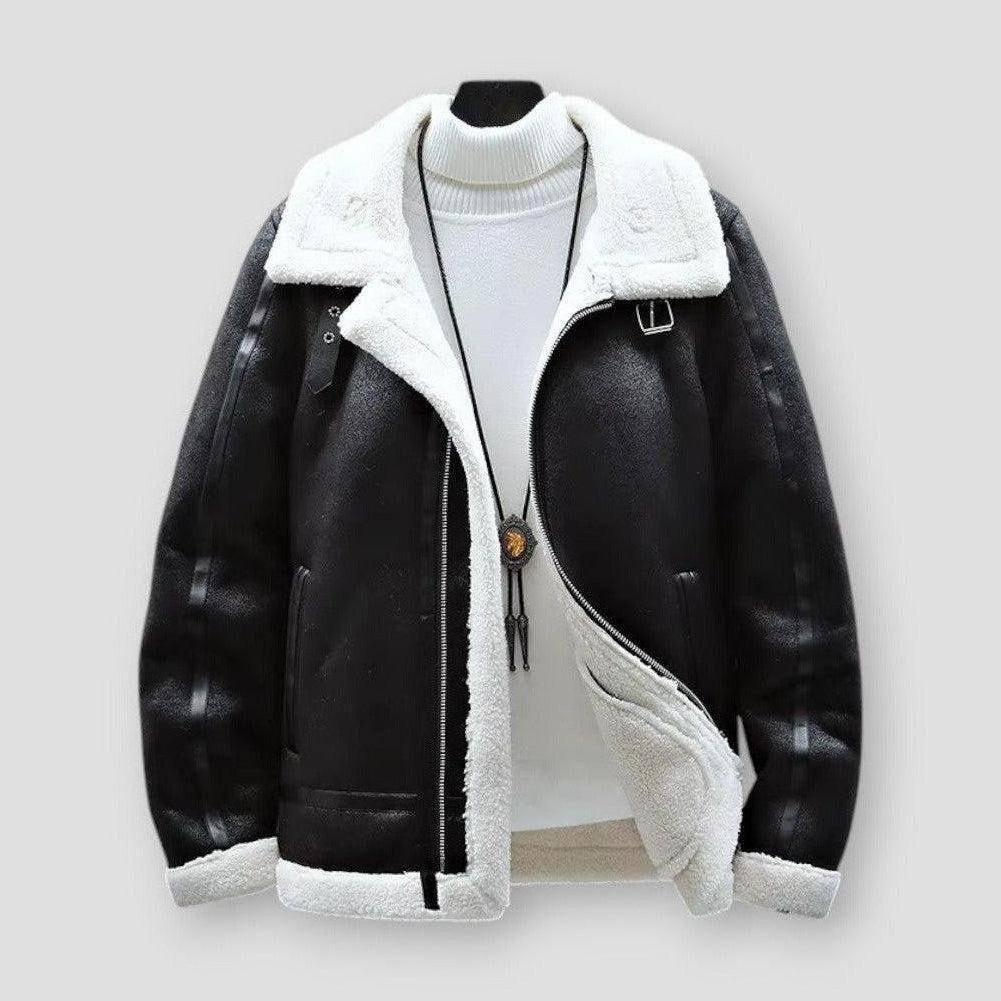Harrison Men’s Leather Bomber Jacket – Winter Fleece Lined with Faux Fur Collar