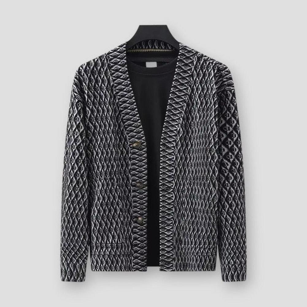 Hudson Men’s V Neck Cardigan – Textured Knit with Geometric Pattern in Regular Fit