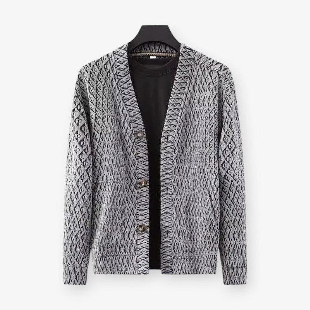 Hudson Men’s V Neck Cardigan – Textured Knit with Geometric Pattern in Regular Fit