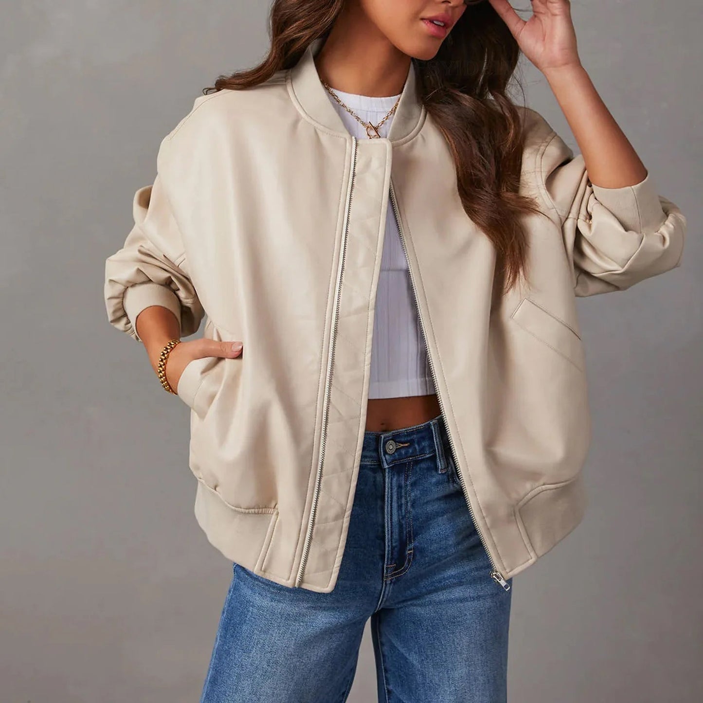 Isabella Women’s Leather Jacket – PU Leather with Band Collar & Casual Fit