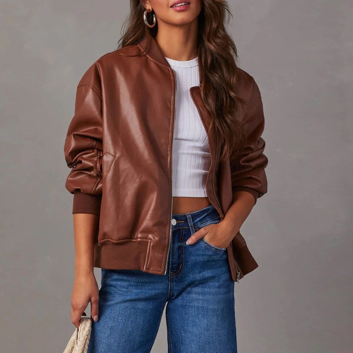 Isabella Women’s Leather Jacket – PU Leather with Band Collar & Casual Fit