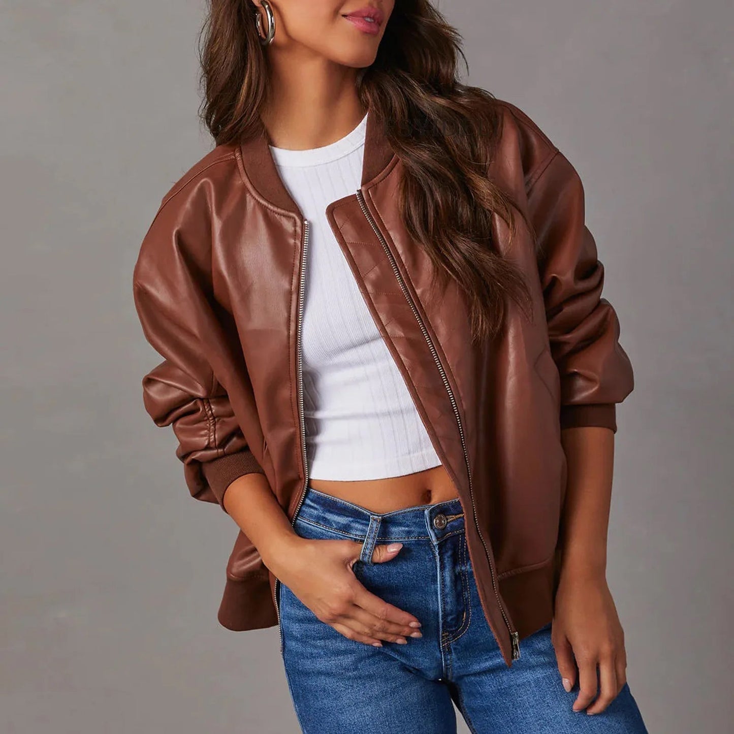 Isabella Women’s Leather Jacket – PU Leather with Band Collar & Casual Fit
