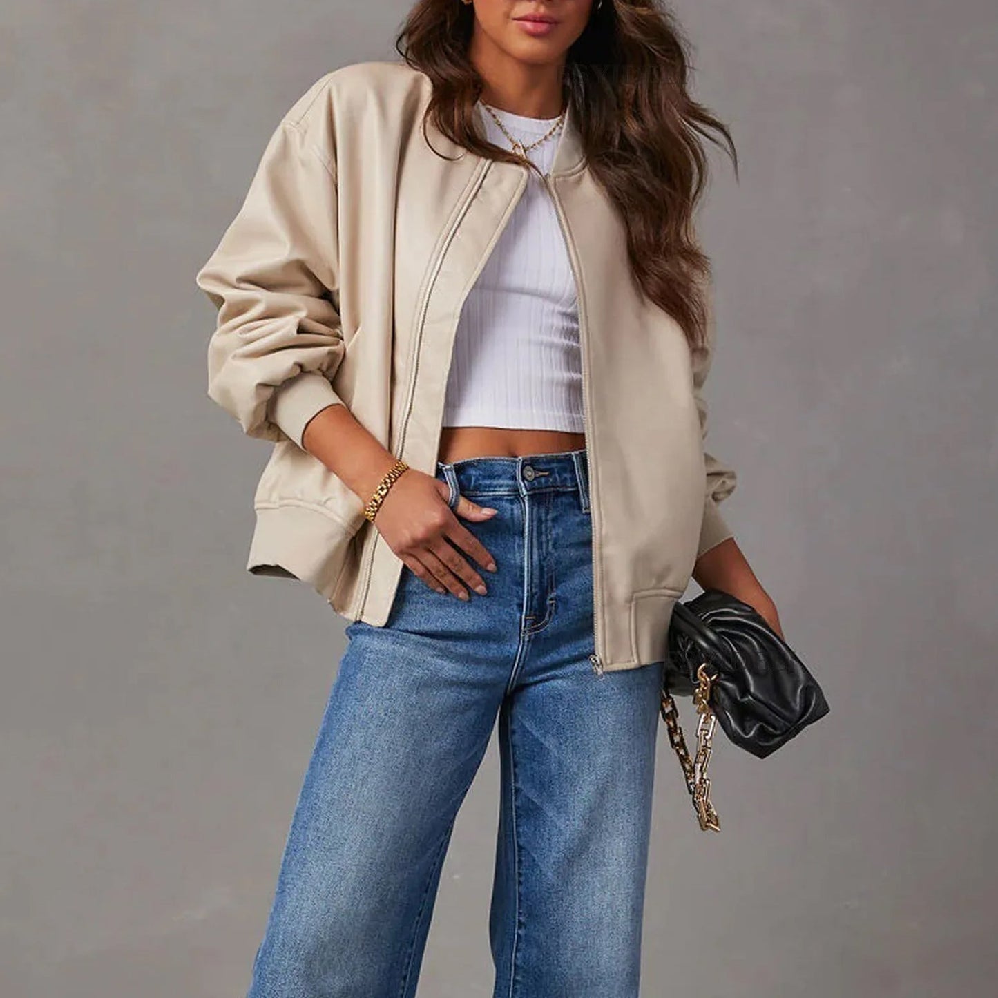 Isabella Women’s Leather Jacket – PU Leather with Band Collar & Casual Fit