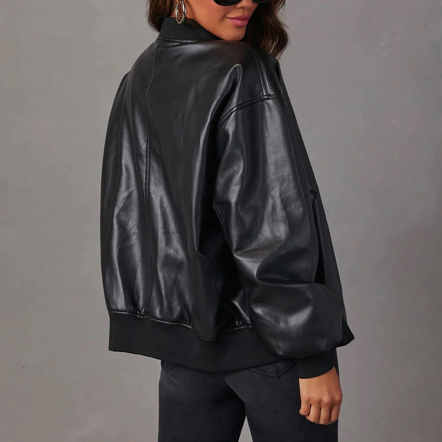 Isabella Women’s Leather Jacket – PU Leather with Band Collar & Casual Fit