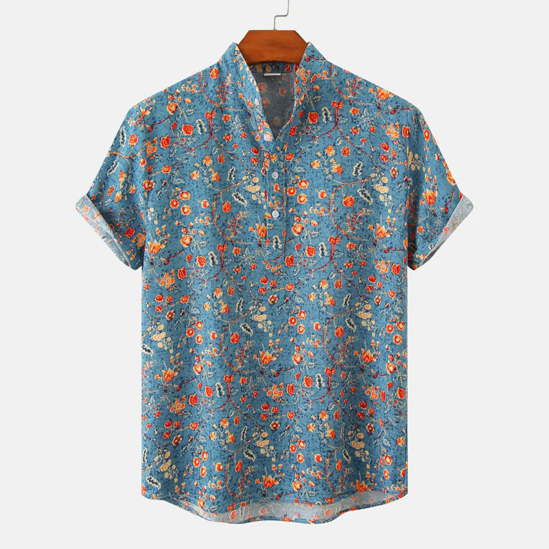 Matthew Men’s Short Sleeve Linen Shirt – Floral Print with Mandarin Collar