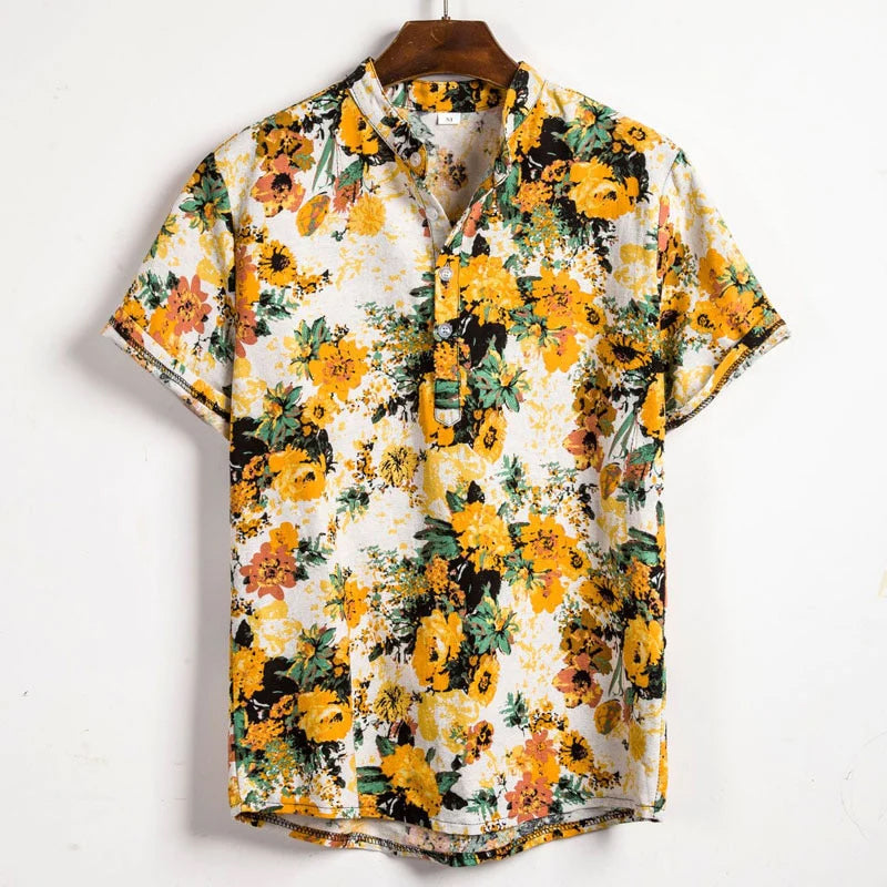 Matthew Men’s Short Sleeve Linen Shirt – Floral Print with Mandarin Collar