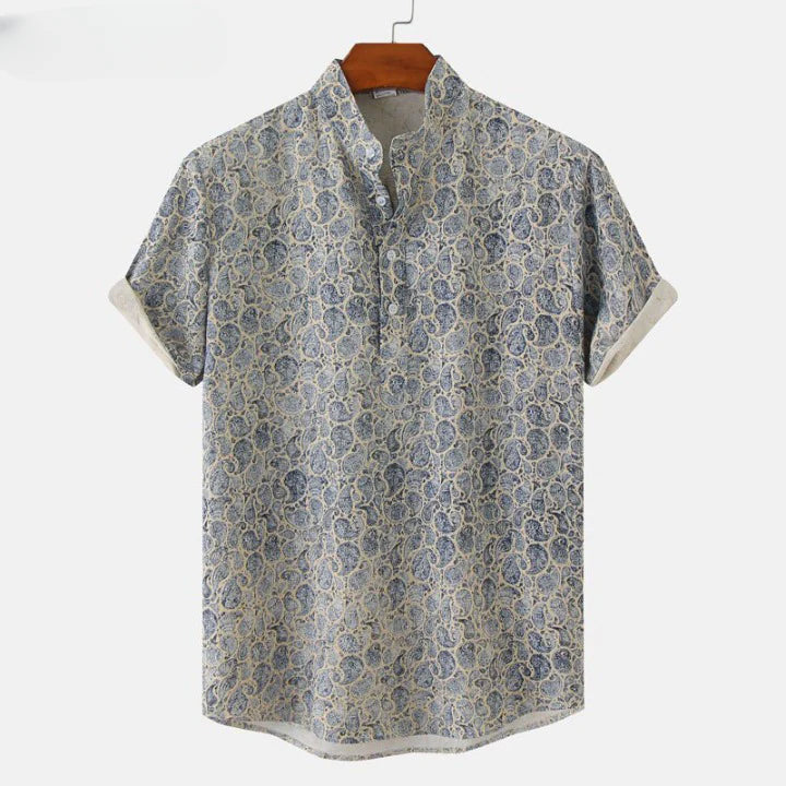 Matthew Men’s Short Sleeve Linen Shirt – Floral Print with Mandarin Collar