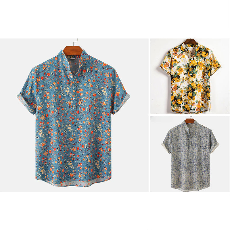 Matthew Men’s Short Sleeve Linen Shirt – Floral Print with Mandarin Collar