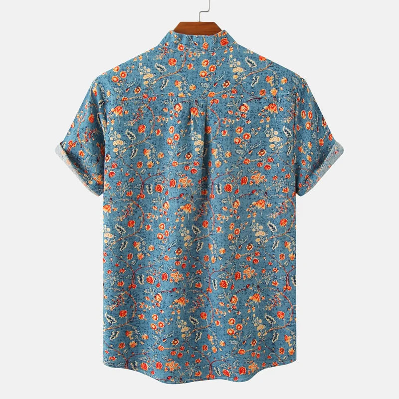 Matthew Men’s Short Sleeve Linen Shirt – Floral Print with Mandarin Collar