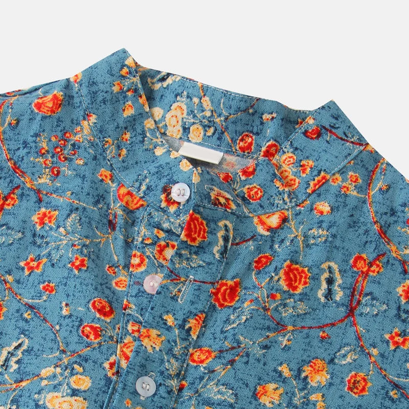 Matthew Men’s Short Sleeve Linen Shirt – Floral Print with Mandarin Collar