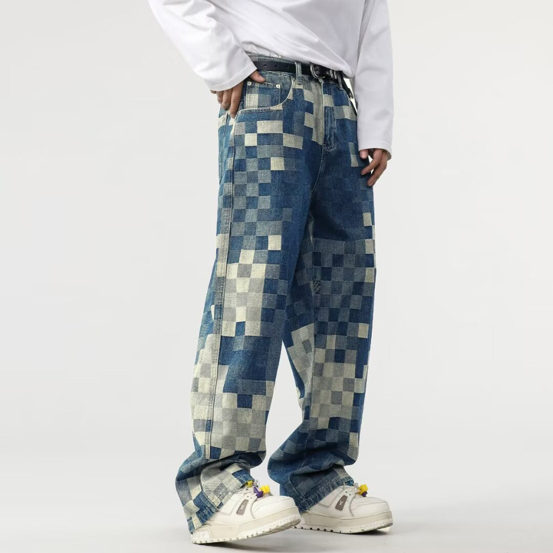 Brion Men’s Wide Leg Trousers – Premium Cotton with Pixelated Checkerboard Print