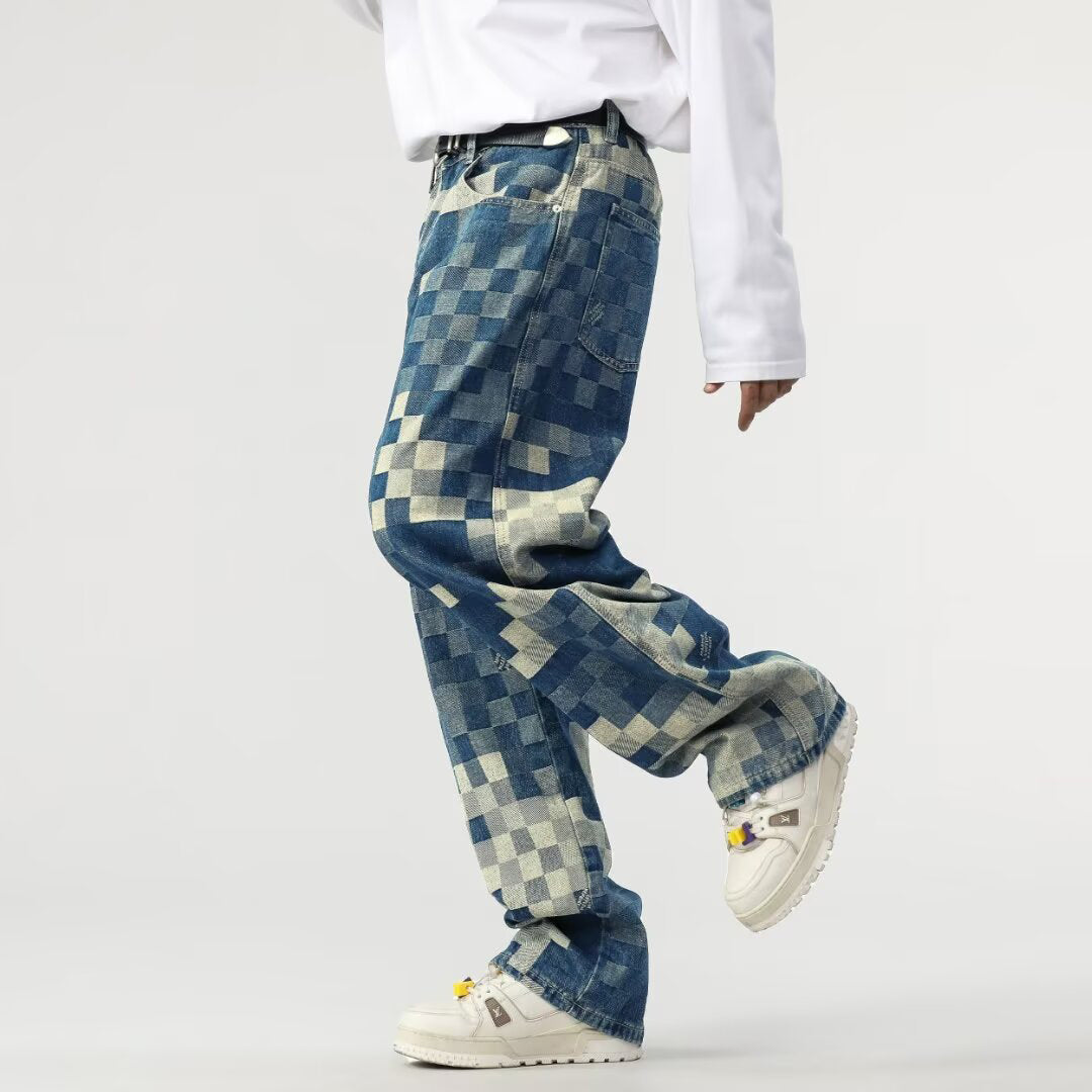 Brion Men’s Wide Leg Trousers – Premium Cotton with Pixelated Checkerboard Print