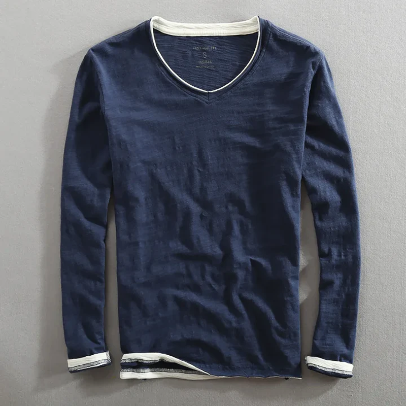 Randy Men’s Cotton Long Sleeve Shirt – Minimalist Vintage Fit with Contrast Trim