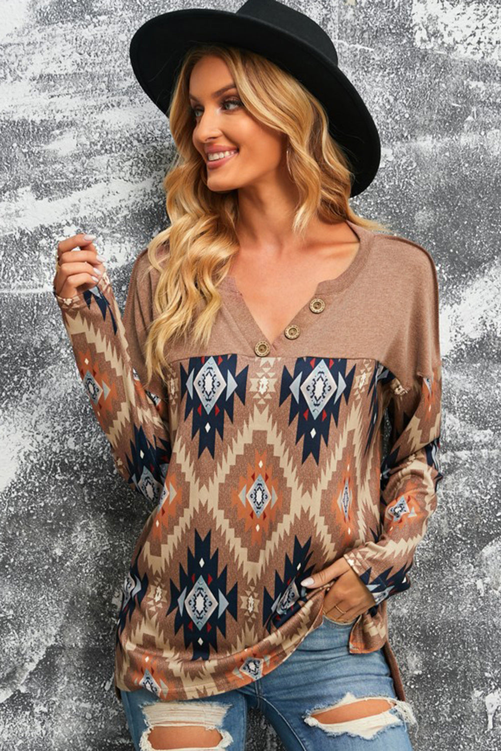 Stylish Brown V-Neck Western Top with Aztec Print