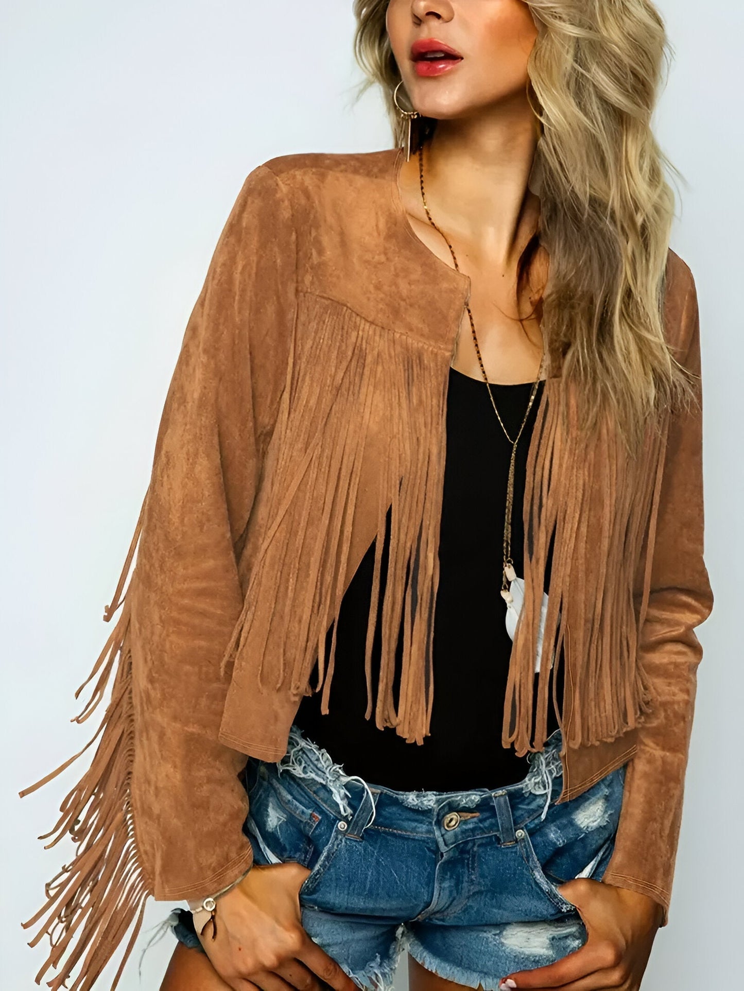 Elegant Suede Look Fringe Jacket - Western Design
