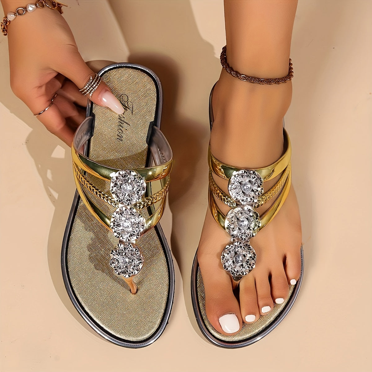 Amelia Women’s Rhinestone Flat Sandals – Silver Toe-Post Design with Cushioned Sole