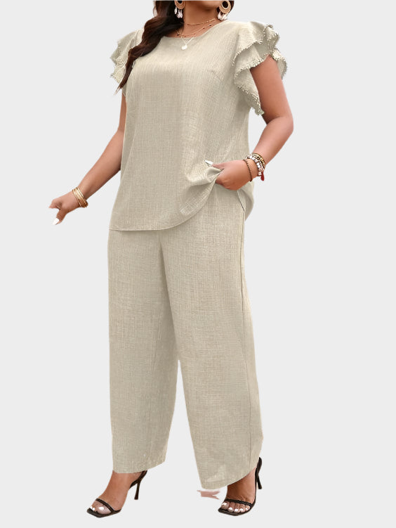 Freya Women’s Linen Lounge Set – Wide-Leg Trousers & Ruffle Sleeve Blouse