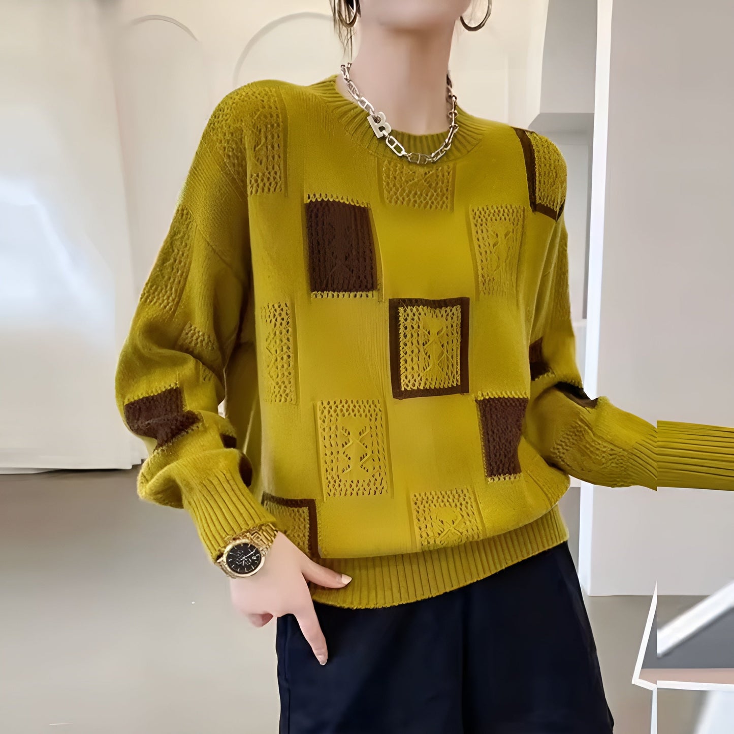Isla Women’s Knit Sweater – Monochrome Patch Design with Relaxed Fit
