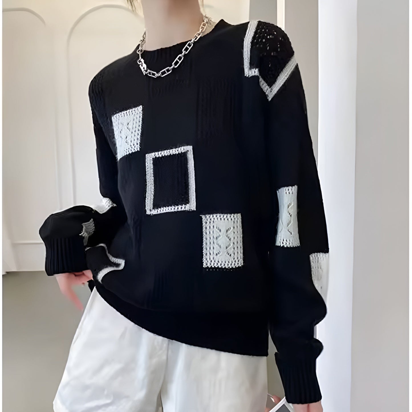 Isla Women’s Knit Sweater – Monochrome Patch Design with Relaxed Fit