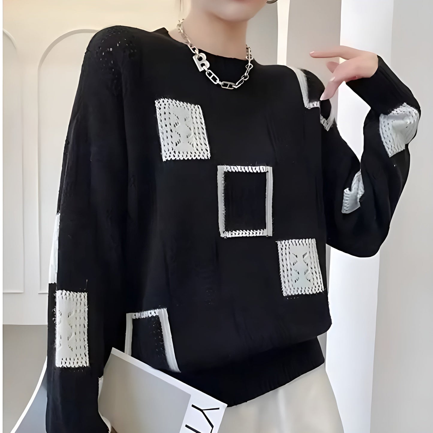 Isla Women’s Knit Sweater – Monochrome Patch Design with Relaxed Fit