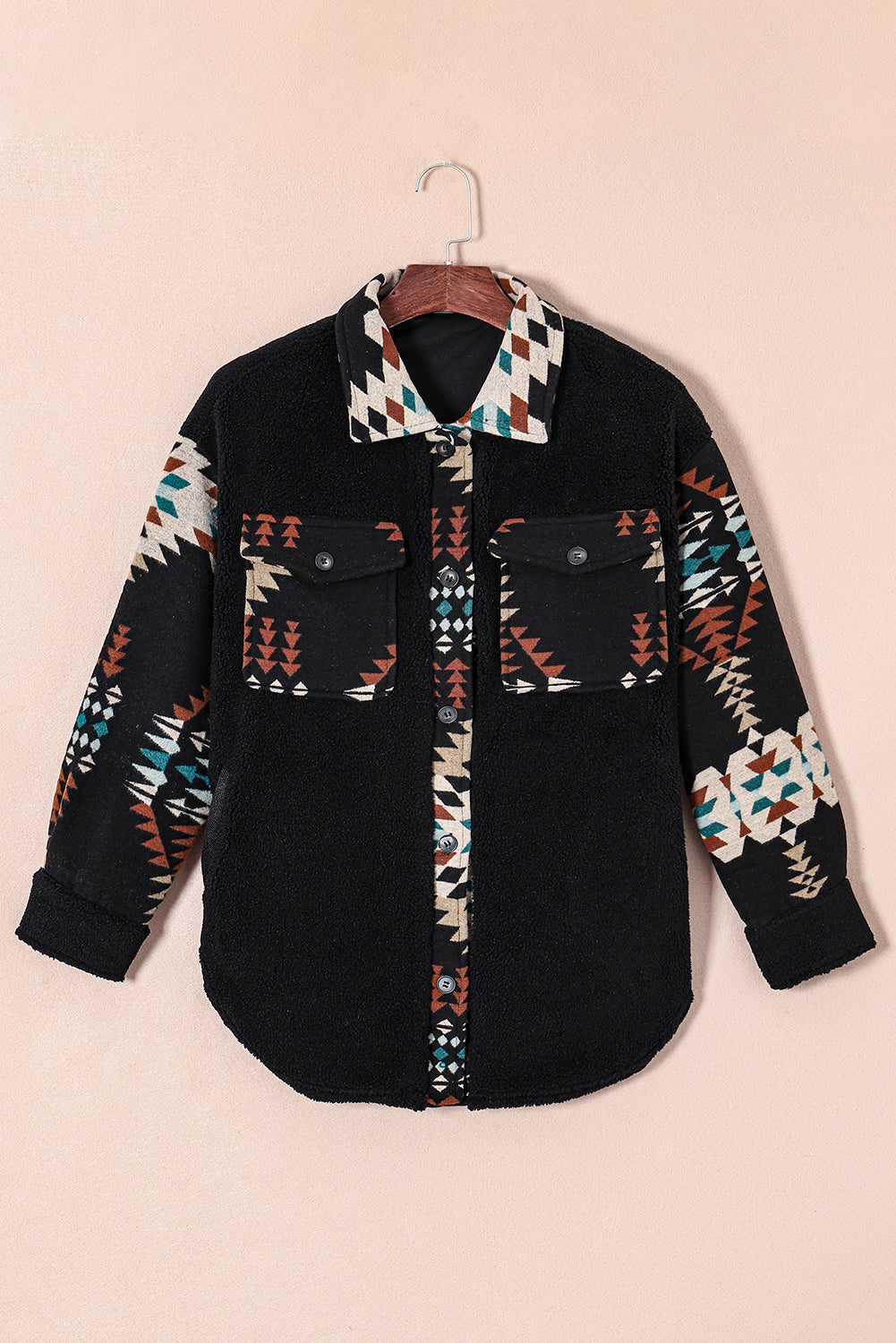 Black Fleece Shacket with Aztec Print - Trendy and Comfortable