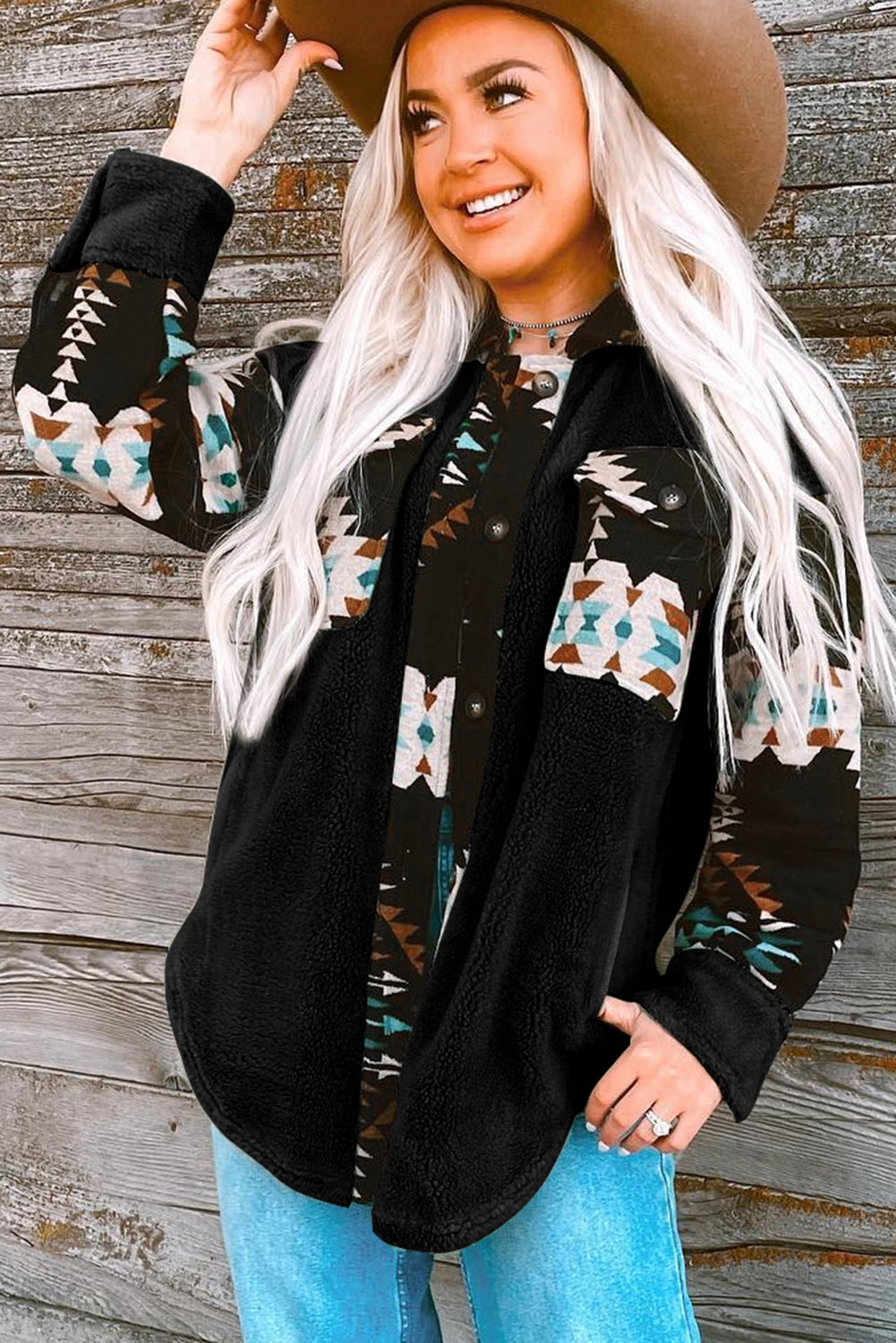 Black Fleece Shacket with Aztec Print - Trendy and Comfortable