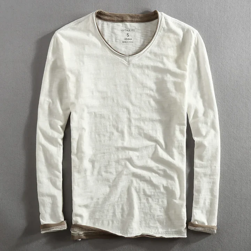 Randy Men’s Cotton Long Sleeve Shirt – Minimalist Vintage Fit with Contrast Trim
