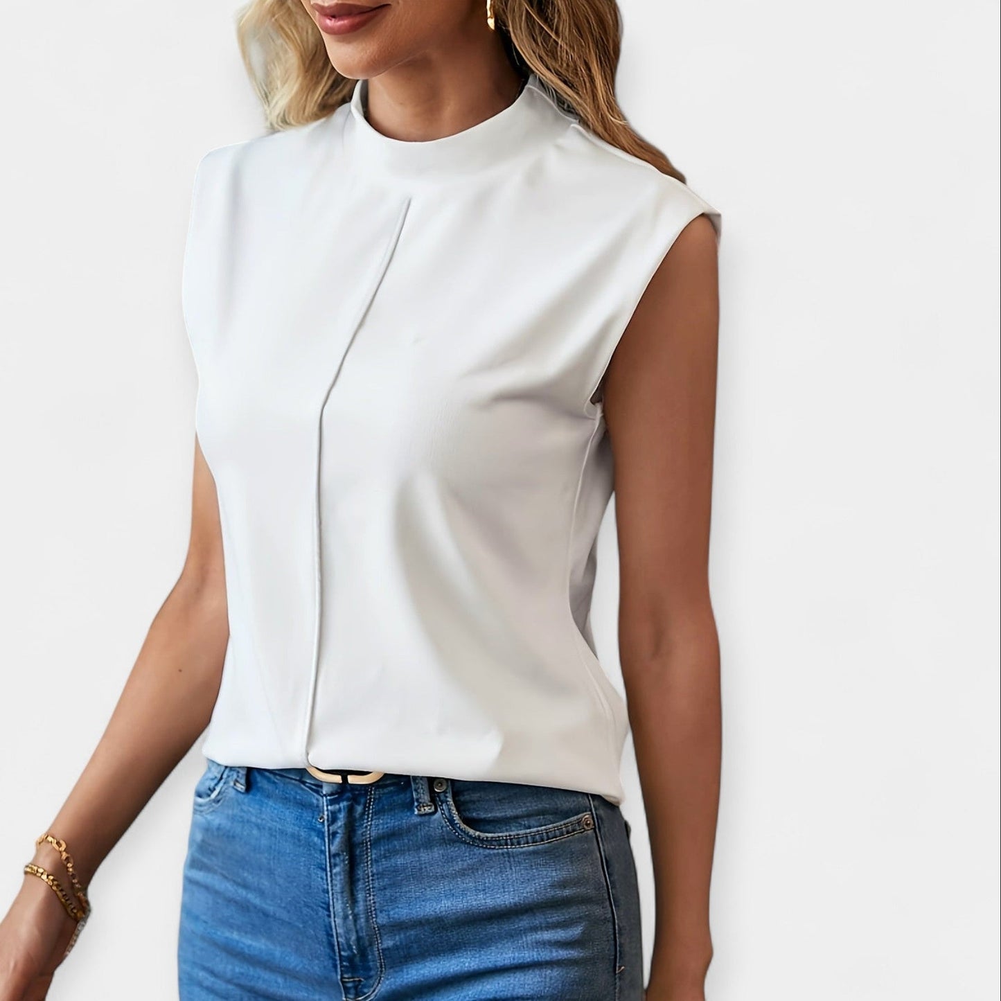 Moira Women’s Sleeveless Blouse – Silky Stand-Up Collar Top