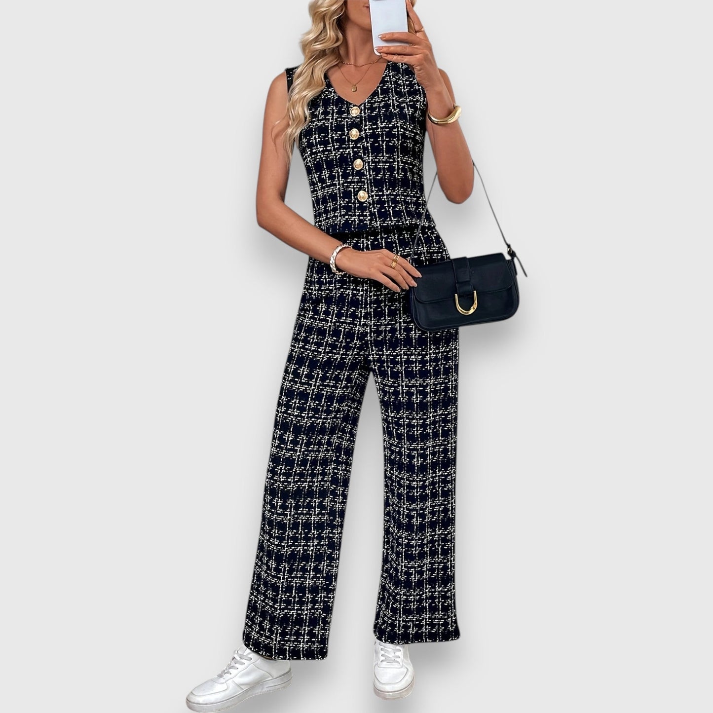 Priah Women’s Lounge Set – Checked Two-Piece with V-Neck Top & Pants