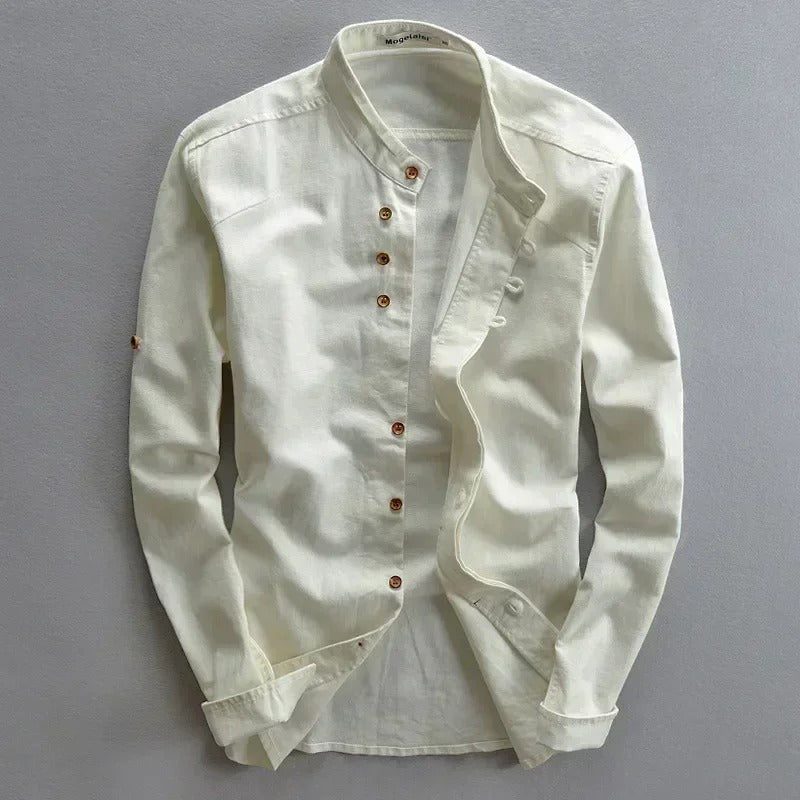 Ravi Men’s Linen Shirt – Long Sleeve Mandarin Collar Casual Wear