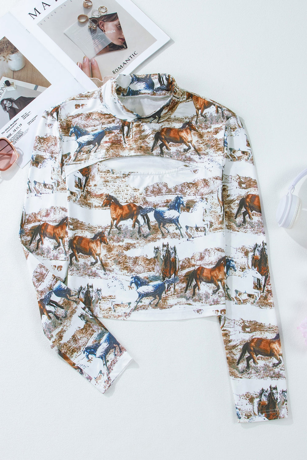 Stylish Brown High Neck Top with Western Horse Print