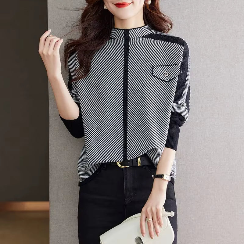 Marissa Women’s Knit Sweater – Soft High-Neck Pullover with Stripe Detail