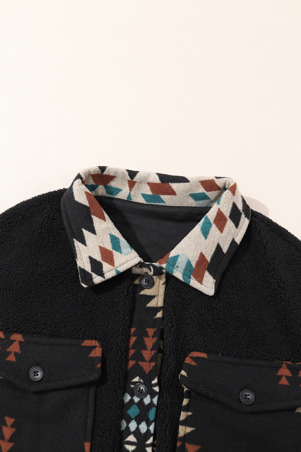 Black Fleece Shacket with Aztec Print - Trendy and Comfortable