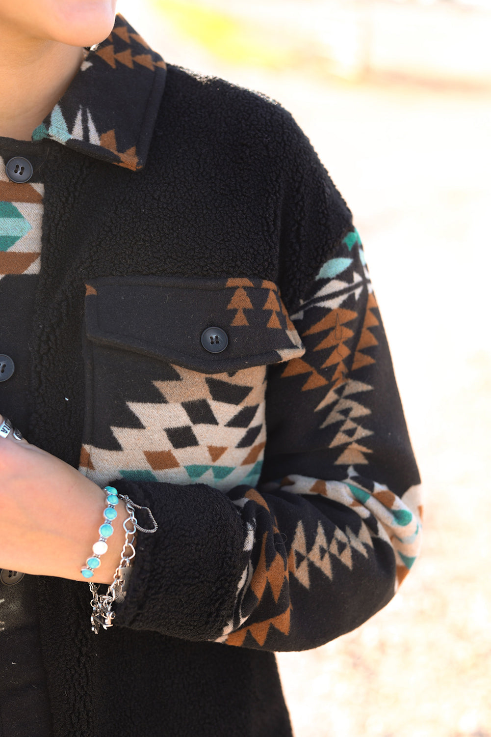 Black Fleece Shacket with Aztec Print - Trendy and Comfortable