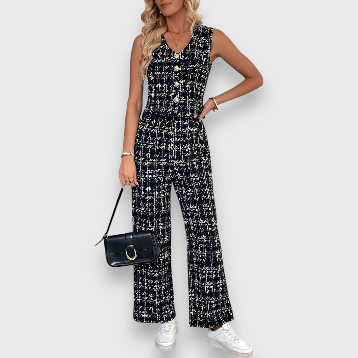 Priah Women’s Lounge Set – Checked Two-Piece with V-Neck Top & Pants
