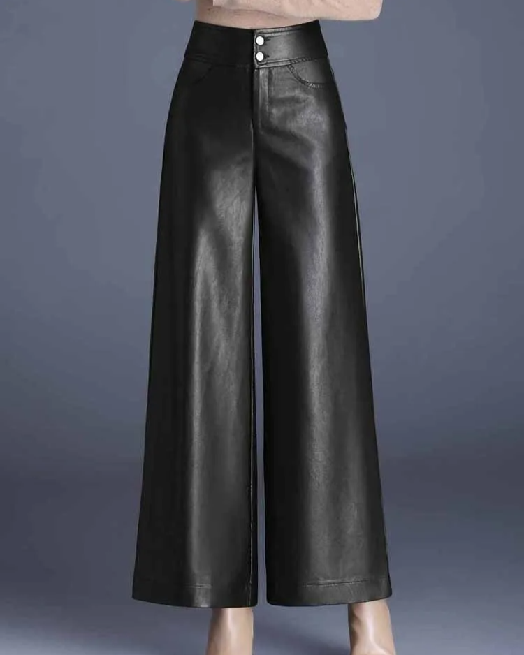 Vicky Women’s Wide Leg Trousers – Premium Vegan Leather with High Waist Fit
